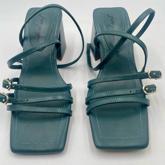 New Free People SZ 38 US 7 Niki Strappy Block Heel Square Toe Sandal Oasis Teal - Picture 4 of 7